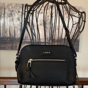 Lodis Charlotte Black /Slate Blue Pebbled Leather Perfect Size Crossbody EUC